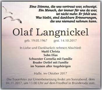 Traueranzeige von Olaf Langnickel von WVG - Wochenspiegel Merseburg