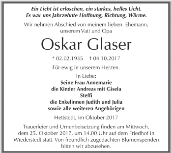 Traueranzeige von Oskar Glaser von Wochenspiegel Mansfelder Land
