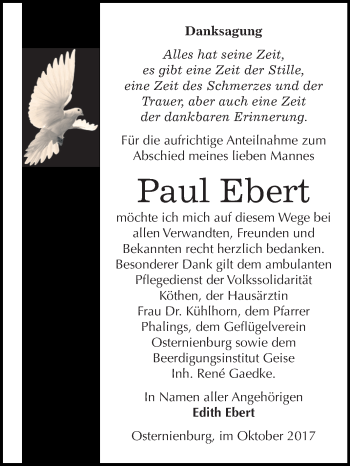 Traueranzeige von Paul Ebert von Mitteldeutsche Zeitung Köthen