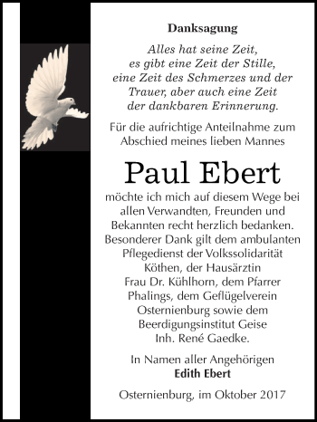 Traueranzeige von Paul Ebert von WVG - Wochenspiegel Dessau / Köthen