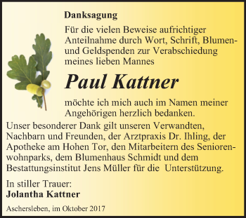 Traueranzeige von Paul Kattner von Mitteldeutsche Zeitung Aschersleben