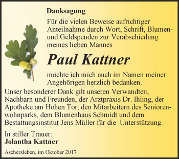 Traueranzeige von Paul Kattner von Super Sonntag Aschersleben
