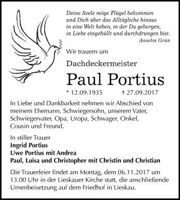 Traueranzeige von Paul Portius von Mitteldeutsche Zeitung Halle/Saalkreis