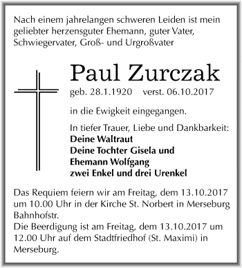 Traueranzeige von Paul Zurczak von Mitteldeutsche Zeitung Merseburg/Querfurt