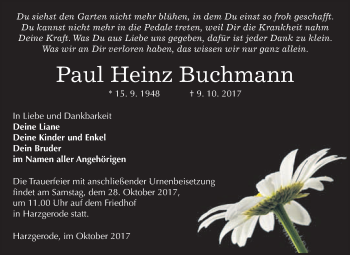Traueranzeige von Paul Heinz Buchmann von WVG - Wochenspiegel Quedlinburg
