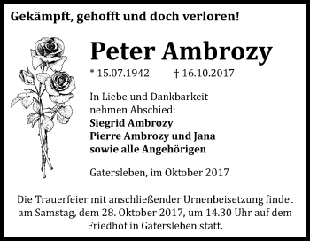 Traueranzeige von Peter Ambrozy von Mitteldeutsche Zeitung Aschersleben