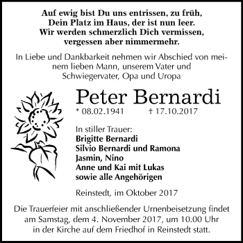 Traueranzeige von Peter Bernardi von Mitteldeutsche Zeitung Quedlinburg