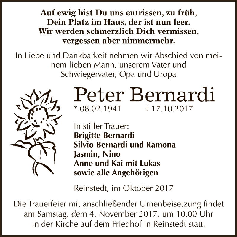  Traueranzeige für Peter Bernardi vom 21.10.2017 aus Super Sonntag Aschersleben