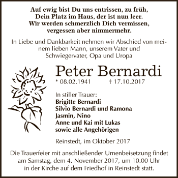 Traueranzeige von Peter Bernardi von Super Sonntag Aschersleben