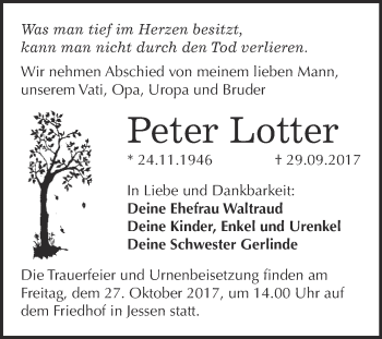 Traueranzeige von Peter Lotter von WVG - Wochenspiegel Wittenberg