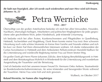 Traueranzeige von Petra Wernicke von Wochenspiegel Mansfelder Land