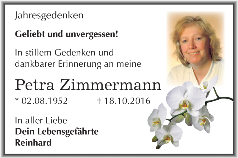  Traueranzeige für Petra Zimmermann vom 18.10.2017 aus Mitteldeutsche Zeitung Dessau-Roßlau