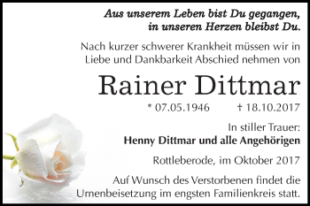 Traueranzeige von Rainer Dittmar von Super Sonntag SGH Mansf. Land