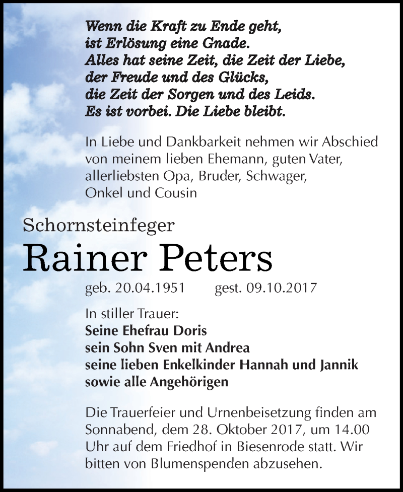  Traueranzeige für Rainer Peters vom 21.10.2017 aus Super Sonntag SGH Mansf. Land