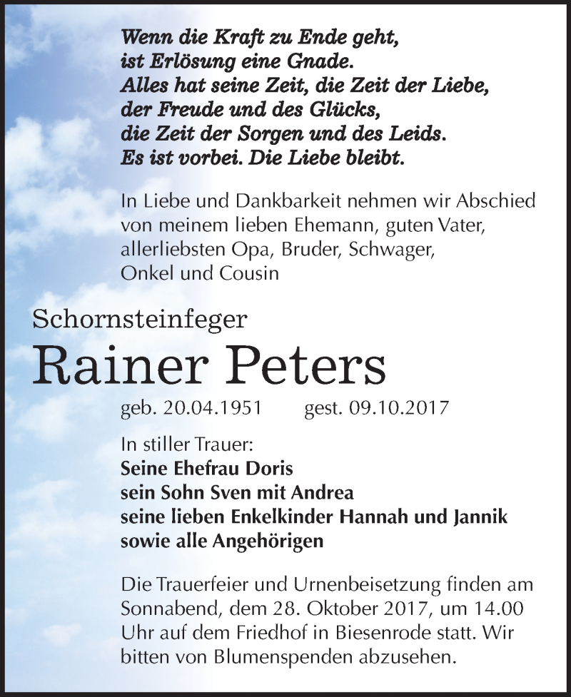  Traueranzeige für Rainer Peters vom 21.10.2017 aus Mitteldeutsche Zeitung
