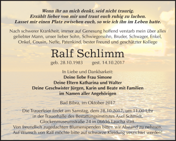Traueranzeige von Ralf Schlimm von Mitteldeutsche Zeitung