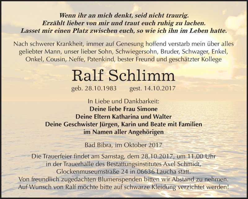  Traueranzeige für Ralf Schlimm vom 19.10.2017 aus Mitteldeutsche Zeitung