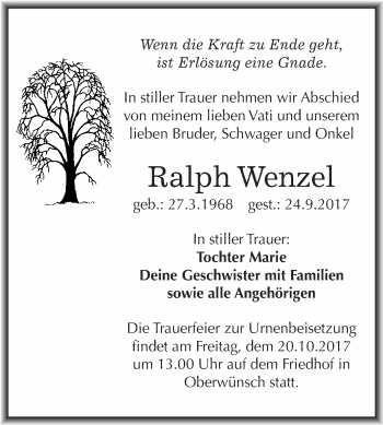 Traueranzeige von Ralph Wenzel von WVG - Wochenspiegel Merseburg