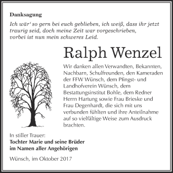 Traueranzeige von Ralph Wenzel von WVG - Wochenspiegel Merseburg