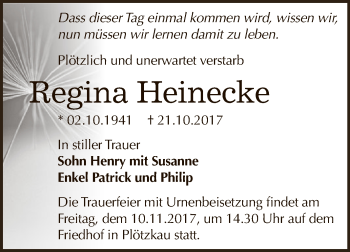 Traueranzeige von Regina Heinecke von Super Sonntag Bernburg