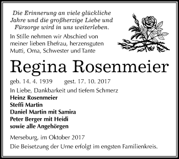 Traueranzeige von Regina Rosenmeier von Mitteldeutsche Zeitung Merseburg/Querfurt