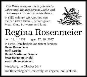 Traueranzeige von Regina Rosenmeier von WVG - Wochenspiegel Merseburg