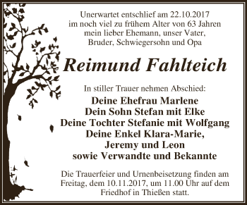 Traueranzeige von Reimund Fahlteich von WVG - Wochenspiegel Dessau / Köthen
