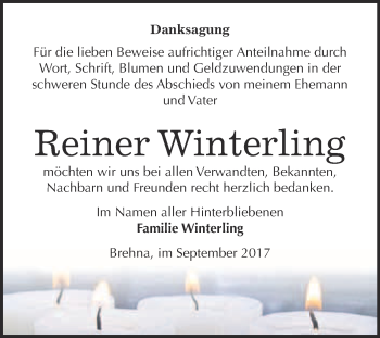 Traueranzeige von Reiner Winterling von WVG - Wochenspiegel Bitterfeld