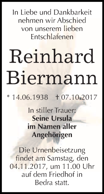 Traueranzeige von Reinhard Biermann von WVG - Wochenspiegel Merseburg