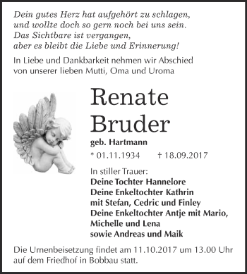 Traueranzeige von Renate Bruder von WVG - Wochenspiegel Bitterfeld