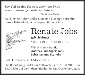Traueranzeige von Renate Jobs von Super Sonntag Merseburg