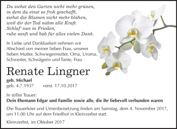 Traueranzeige von Renate Lingner von Mitteldeutsche Zeitung Köthen