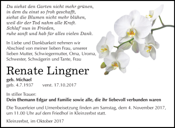 Traueranzeige von Renate Lingner von WVG - Wochenspiegel Dessau / Köthen