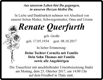 Traueranzeige von Renate Querfurth von Super Sonntag Quedlinburg