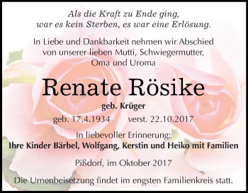 Traueranzeige von Renate Rösike von WVG - Wochenspiegel Dessau / Köthen