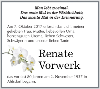 Traueranzeige von Renate Vorwerk von Wochenspiegel Mansfelder Land