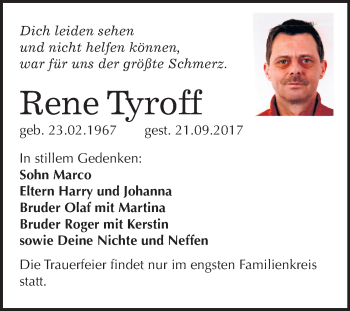 Traueranzeige von Rene Tyroff von Mitteldeutsche Zeitung Weißenfels