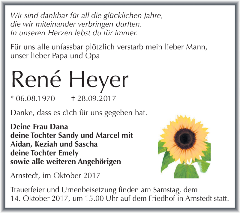  Traueranzeige für René Heyer vom 11.10.2017 aus Mitteldeutsche Zeitung