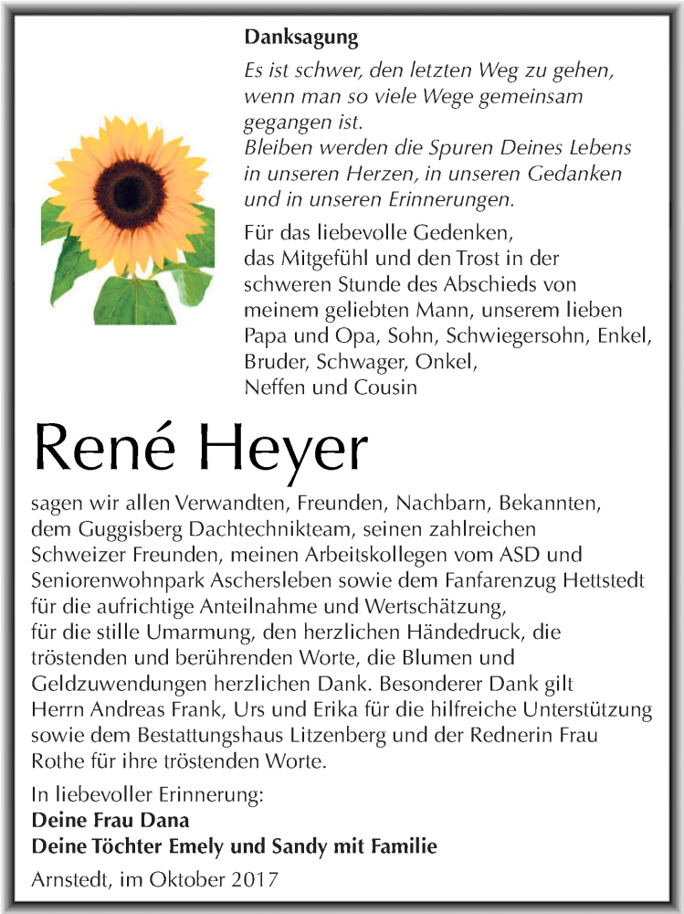  Traueranzeige für René Heyer vom 21.10.2017 aus Super Sonntag SGH Mansf. Land