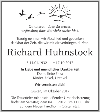 Traueranzeige von Richard Huhnstock von Super Sonntag Bernburg