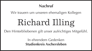 Traueranzeige von Richard Illing von Super Sonntag Aschersleben