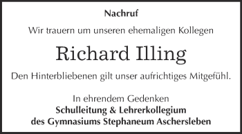 Traueranzeige von Richard Illing von Super Sonntag Aschersleben