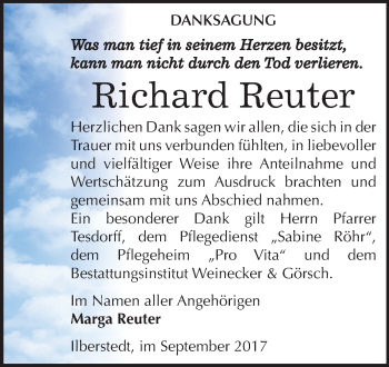 Traueranzeige von Richard Reuter von Mitteldeutsche Zeitung Bernburg