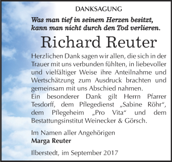 Traueranzeige von Richard Reuter von Super Sonntag Bernburg