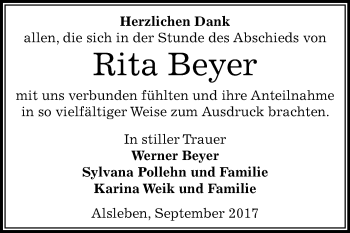 Traueranzeige von Rita Beyer von Mitteldeutsche Zeitung Bernburg