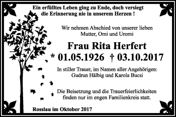 Traueranzeige von Rita Herfert von Mitteldeutsche Zeitung Dessau-Roßlau