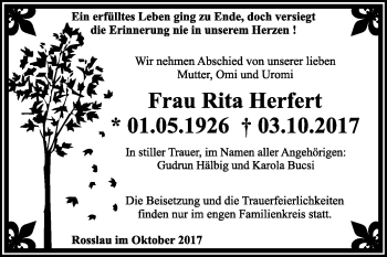 Traueranzeige von Rita Herfert von WVG - Wochenspiegel Dessau / Köthen