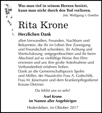 Traueranzeige von Rita Krone von Mitteldeutsche Zeitung