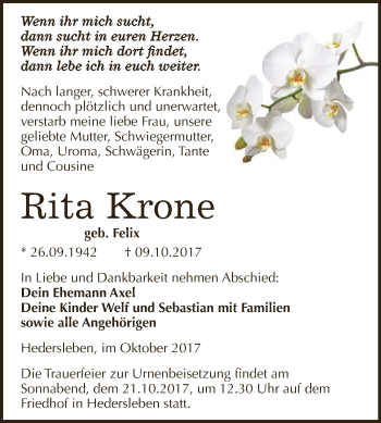 Traueranzeige von Rita Krone von Wochenspiegel Mansfelder Land