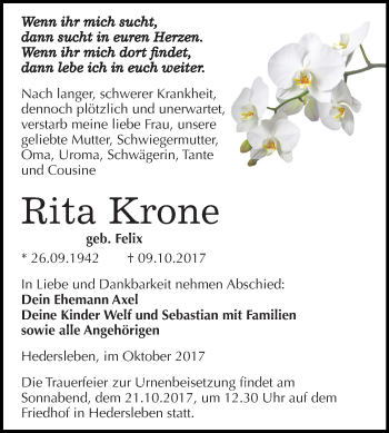 Traueranzeige von Rita Krone von Mitteldeutsche Zeitung